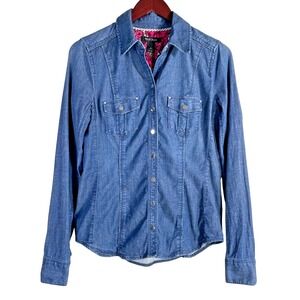 WHBM Denim Button Up Shirt Size 6 Snap Front Western Boho Cotton Blend